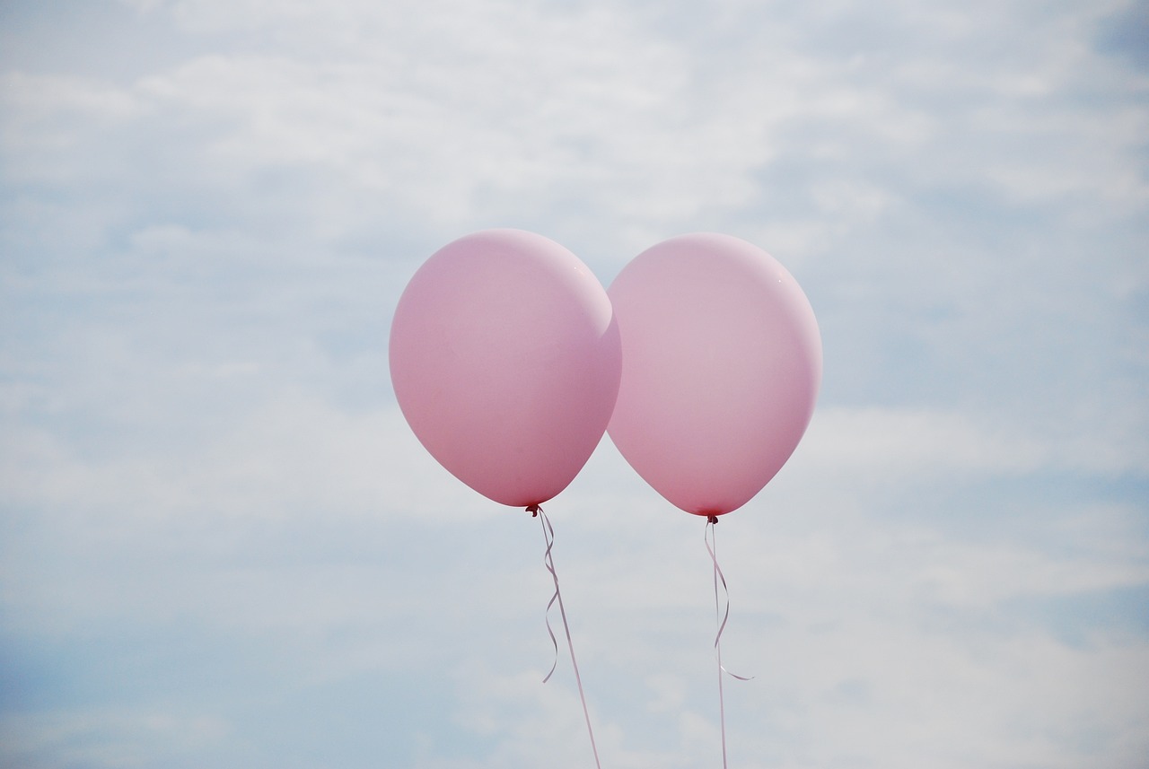 Two pick balloons with a blue sky in the background.